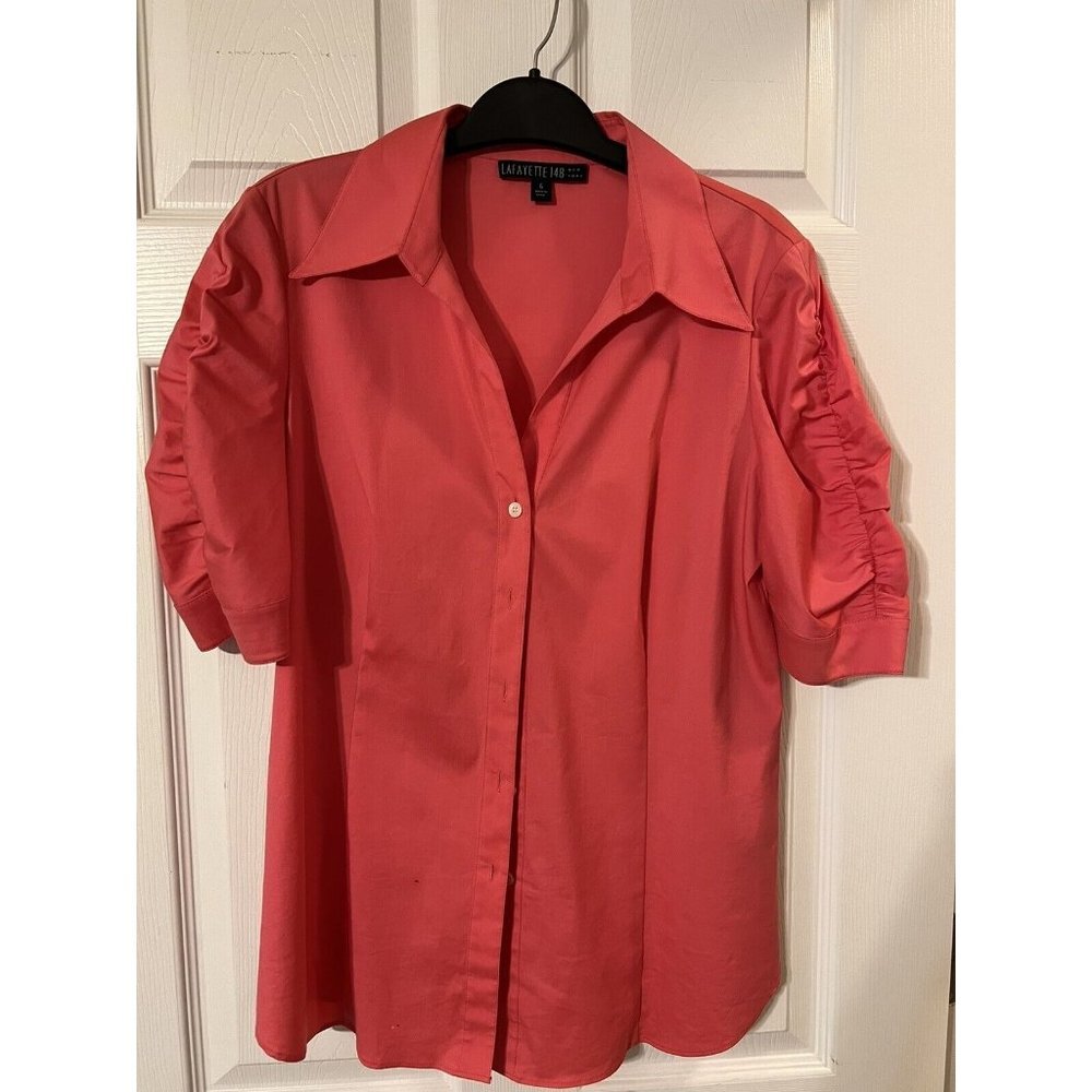 Lafayette 148 NY Shirt Coral 6 Small Short Ruched Sleeve Stretch Cotton - Picture 10 of 10